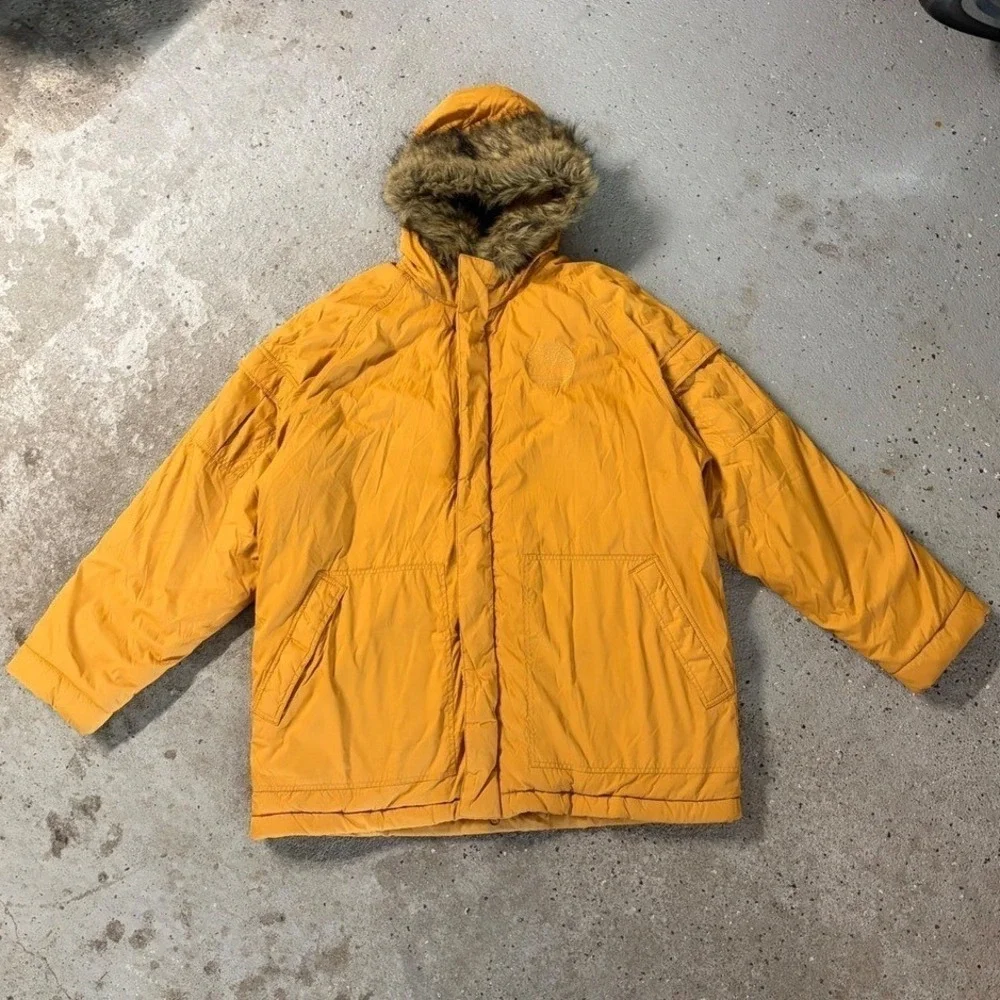 Timberland Rugged and Durable Mustard Yellow Faux Fur Hooded Parka Jacket Men XL